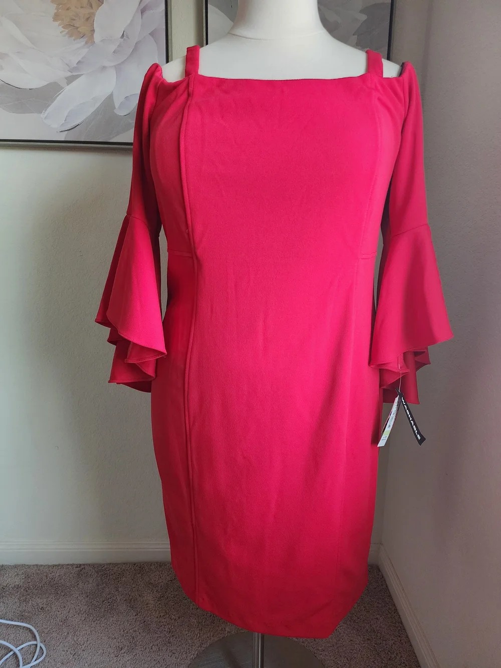 R&M Richards Res Cold-Shoulder Midi Dress with Ruffle Bell Sleeves
